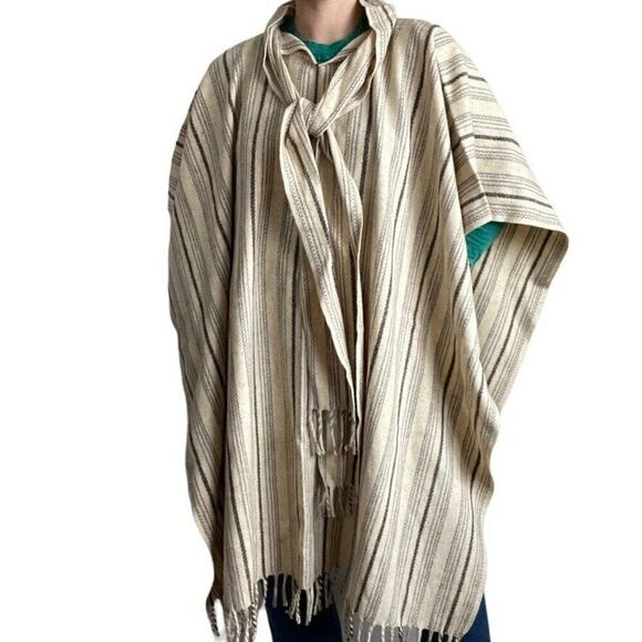 Vintage Unisex 1970s 100% Wool Brown Cream Striped Fringe Hippie Poncho One Size - Picture 1 of 9